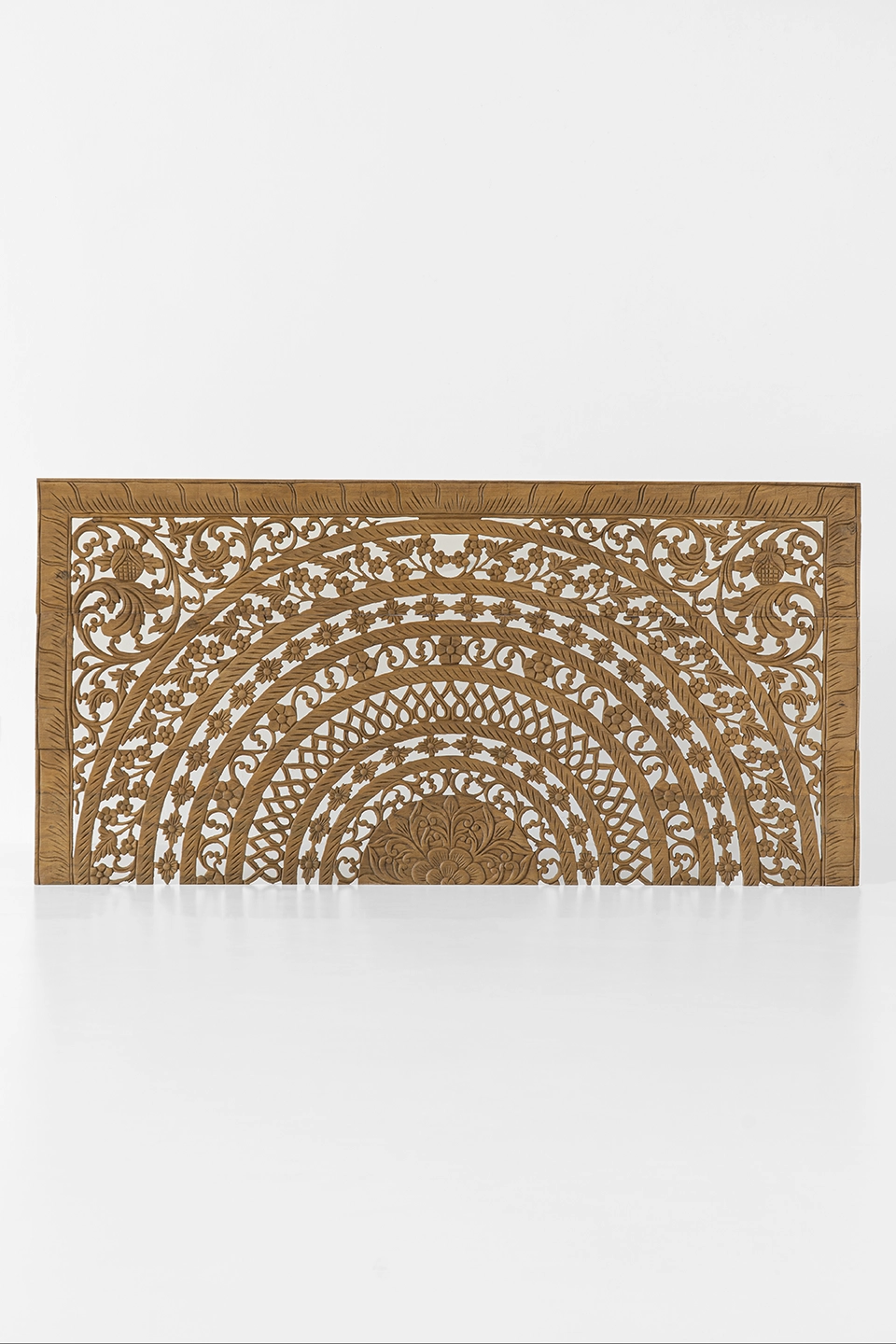 Moroccan-hand-carved-low-profile-bed-headboard-from-reclaimed-teak-wood-brown-1 Moroccan hand-carved low-profile teak headboard in brown finish, 72-inch design with intricate floral arches