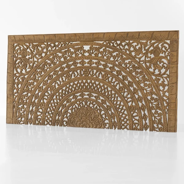 Moroccan hand-carved low-profile teak headboard in brown finish, 72-inch design with intricate floral arches
