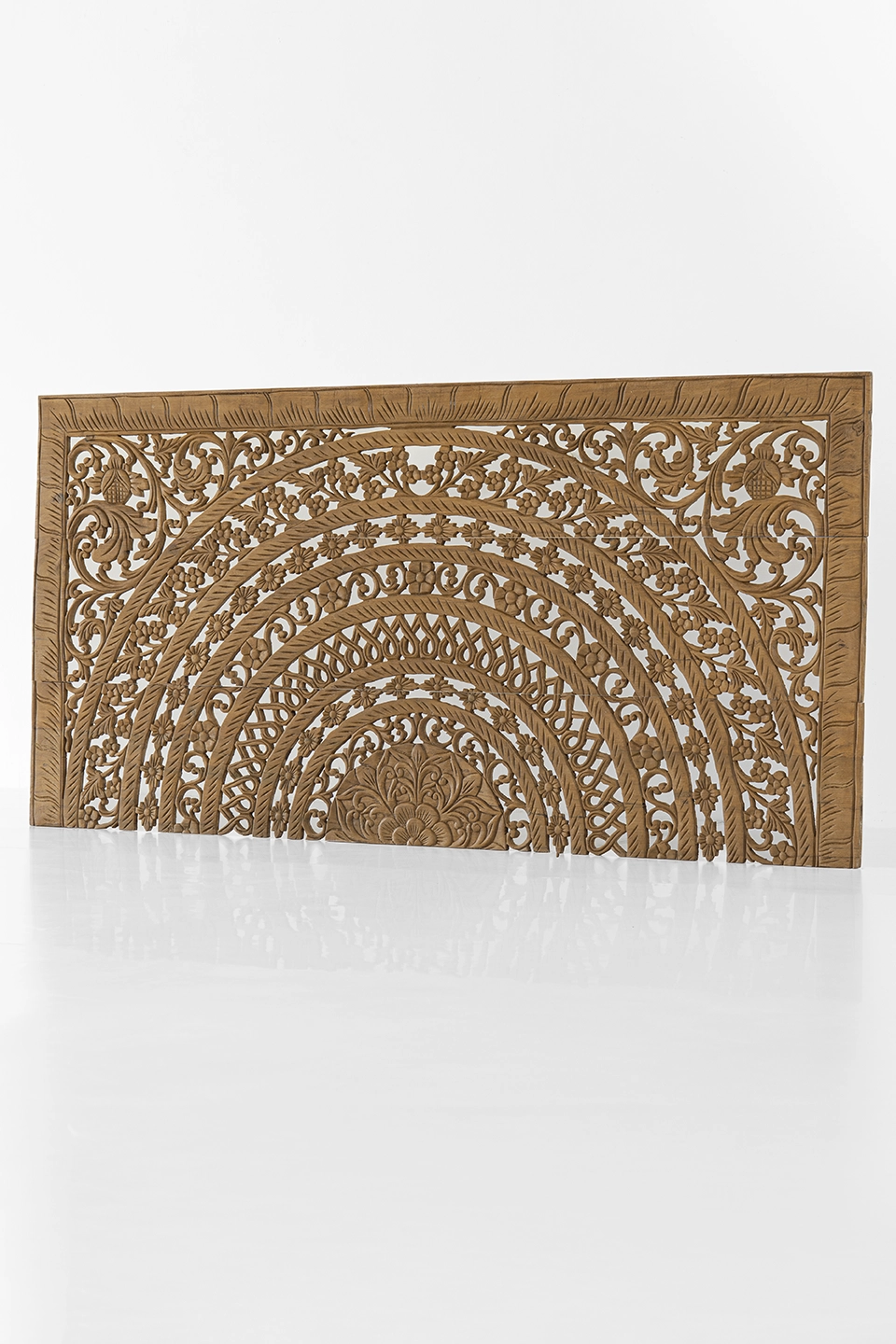 Moroccan-hand-carved-low-profile-bed-headboard-from-reclaimed-teak-wood-brown-2 Moroccan hand-carved low-profile teak headboard in brown finish, 72-inch design with intricate floral arches