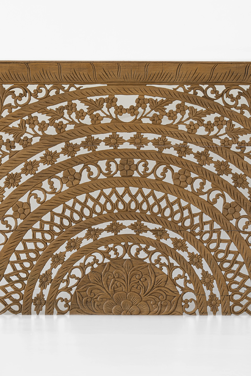 Moroccan-hand-carved-low-profile-bed-headboard-from-reclaimed-teak-wood-brown-3 Moroccan hand-carved low-profile teak headboard in brown finish, 72-inch design with intricate floral arches
