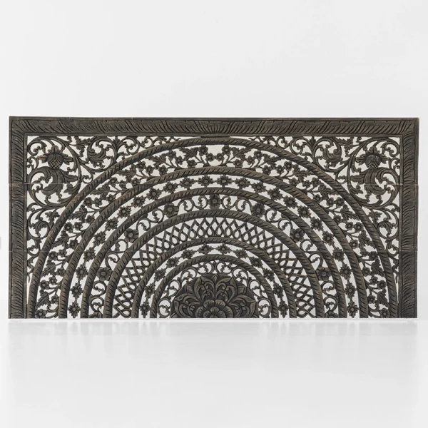 Rustic black Moroccan carved headboard in reclaimed teak, 72-inch low-profile design.