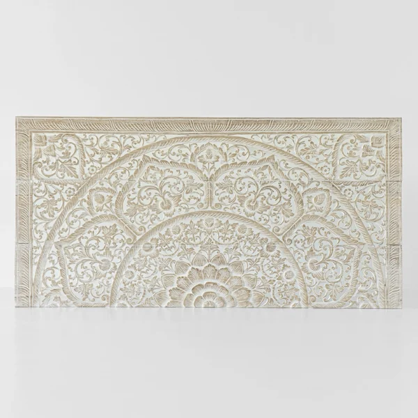 Hand-carved whitewash mandala headboard in reclaimed teak for California King beds.
