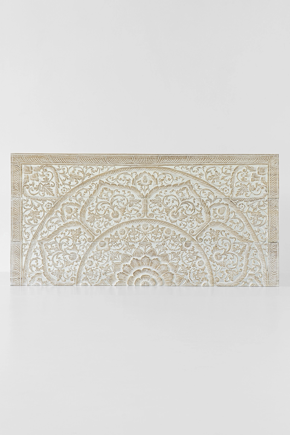 Whitewash-mandala-wood-carving-for-california-kingsize-headboard-1 Hand-carved whitewash mandala headboard in reclaimed teak for California King beds.