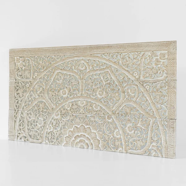 Angled view of whitewashed reclaimed teak mandala carving for California King headboards.