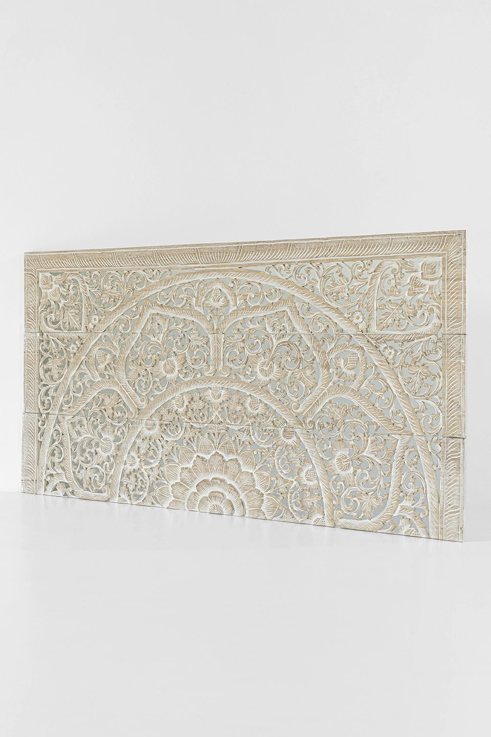 Whitewash-mandala-wood-carving-for-california-kingsize-headboard-2 Angled view of whitewashed reclaimed teak mandala carving for California King headboards.