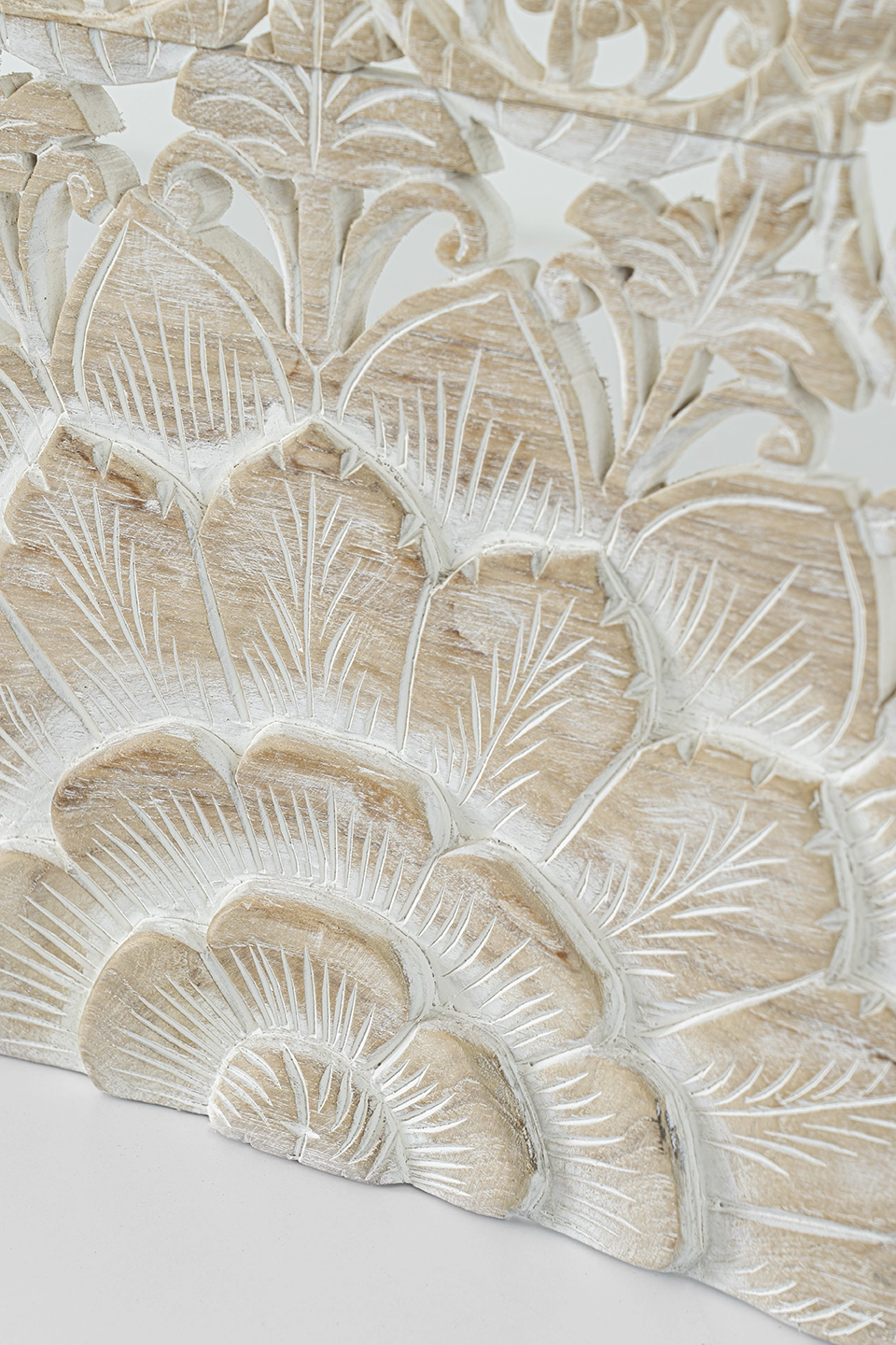 Whitewash-mandala-wood-carving-for-california-kingsize-headboard-4 Macro detail of whitewashed mandala petals carved from reclaimed teak.