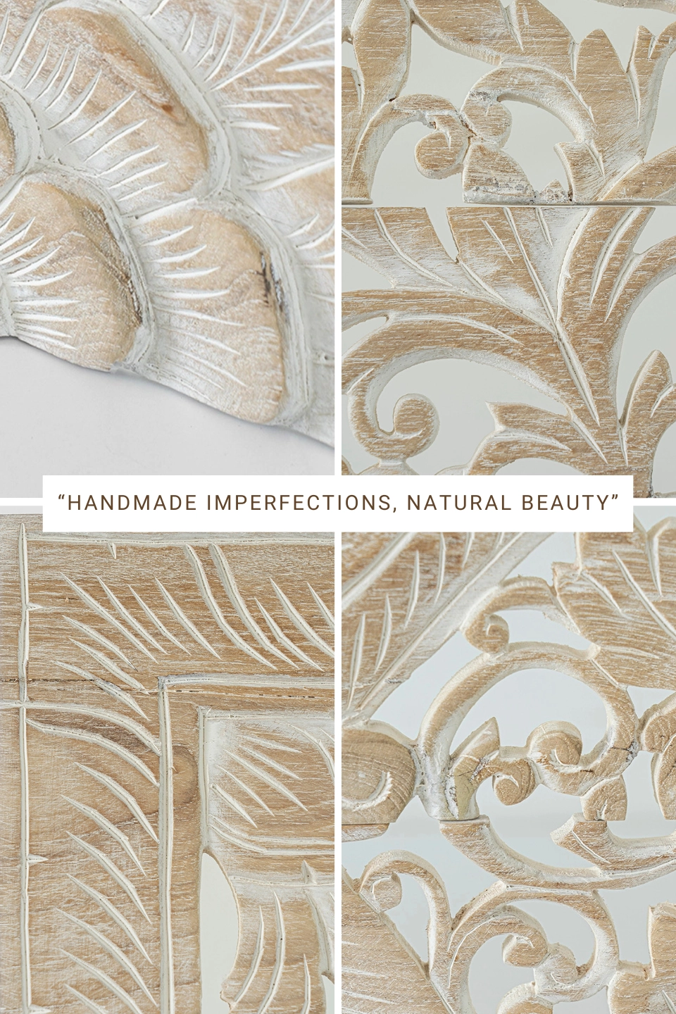 Whitewash-mandala-wood-carving-for-california-kingsize-headboard-6 Collage showing natural handmade imperfections in whitewashed reclaimed teak carvings.