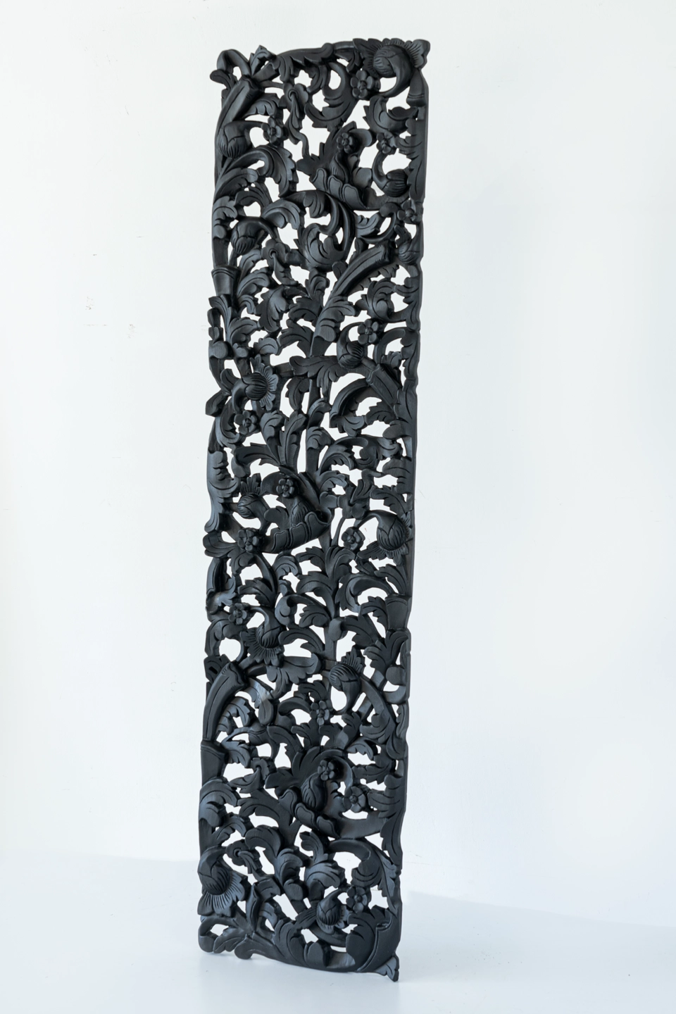 Handcrafted-wall-decorative-panel-in-extra-thick-teak-wood-black-finish-2 Side view of luxury wood carving in Teak wood