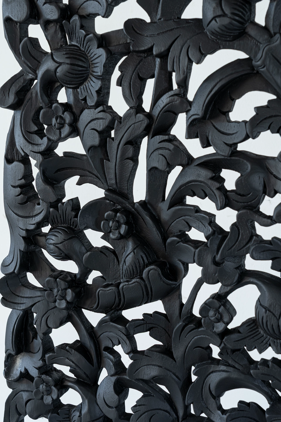 Handcrafted-wall-decorative-panel-in-extra-thick-teak-wood-black-finish-3 Close up wood vines carving in solid black finish