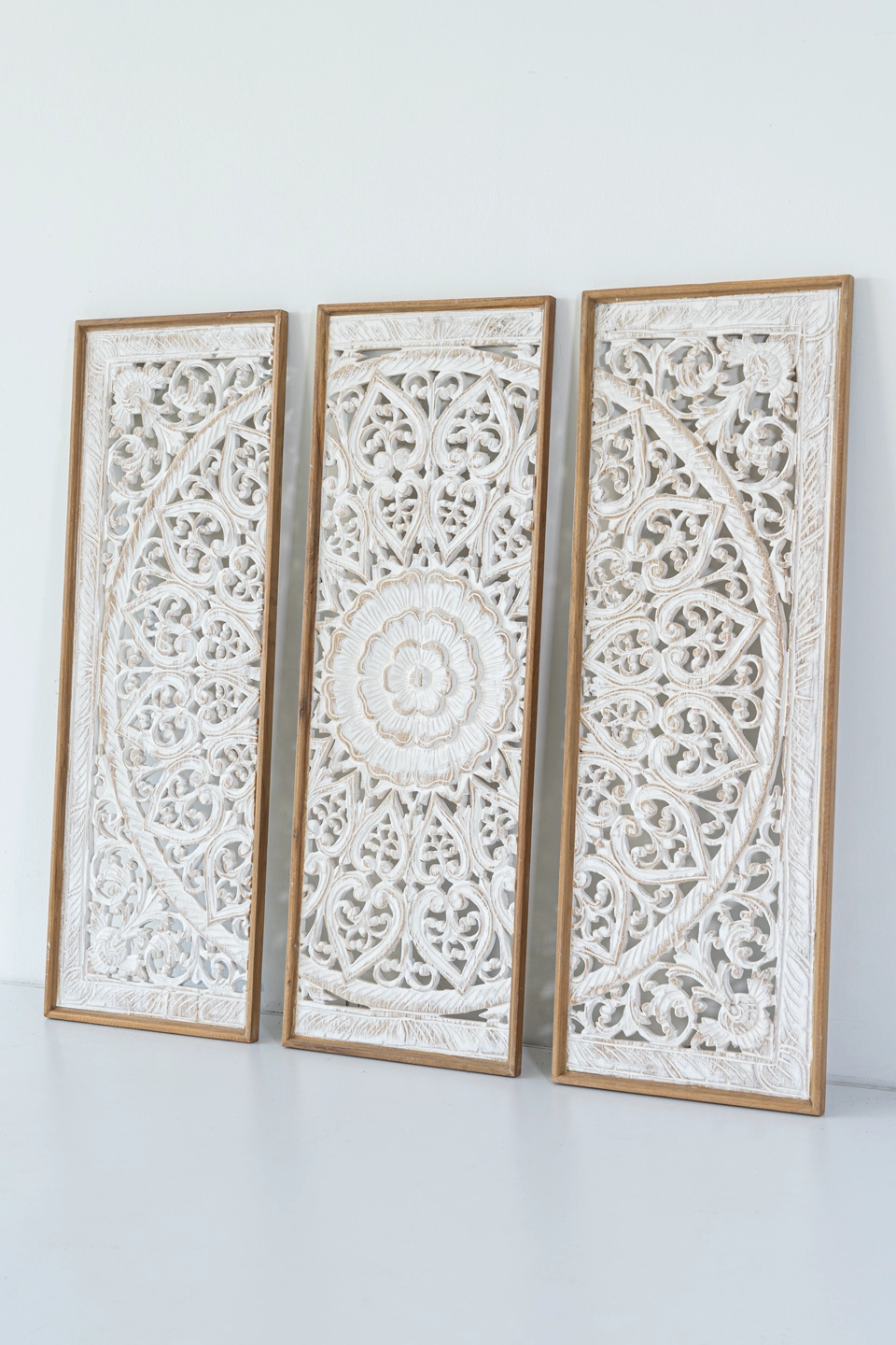 Wall-art-hanging-set-of-3-panels-decorative-pendant-with-framing-whitewash-36-inches-2 Reclaimed solid wood carved panels with frame