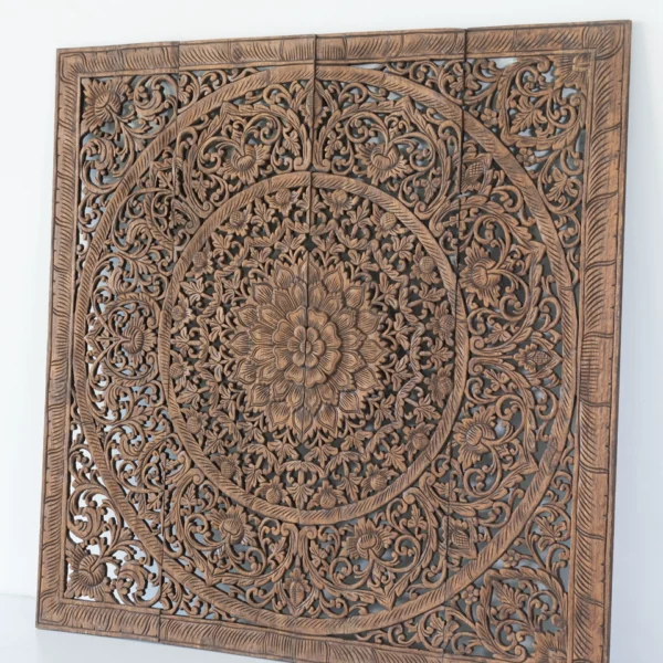 Rustic brown stain wood carved panels in Teak